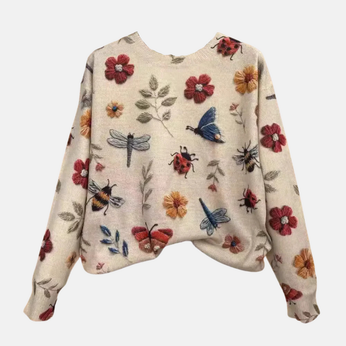 Dame Genser med 3D Blomsterbroderier og Løs Passform
