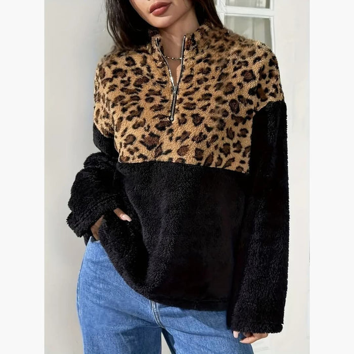 Dame Fleecegenser med Leopardmønster og Glidelås