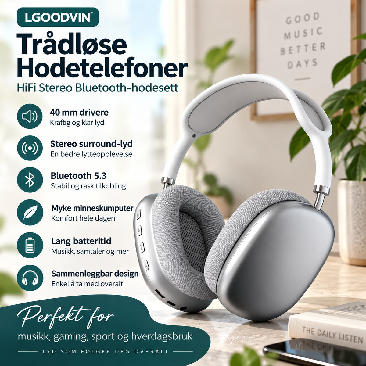 Trådløse Støyreduserende Hodetelefoner med Myke Øreputer