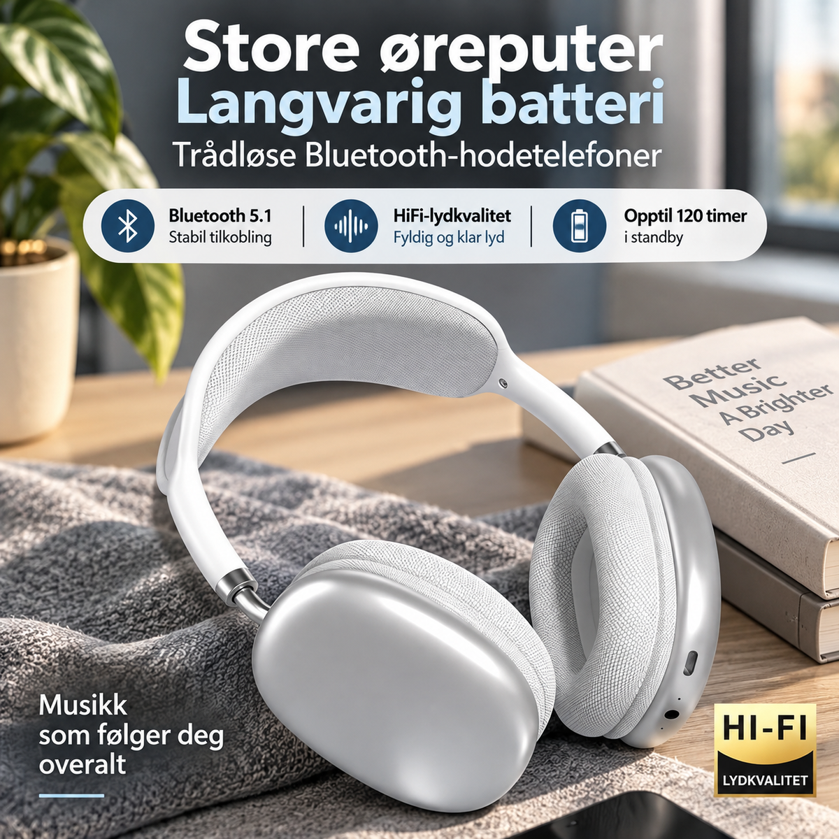 Trådløse Støyreduserende Hodetelefoner med Myke Øreputer