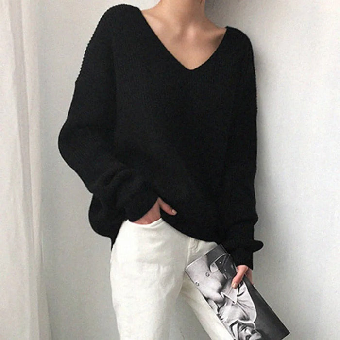 Dame Oversize V-hals Genser med Ribbestrikk