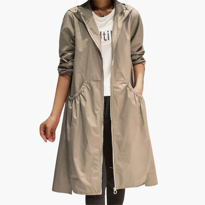 Dame Trench Coat med Hette og Glidelås