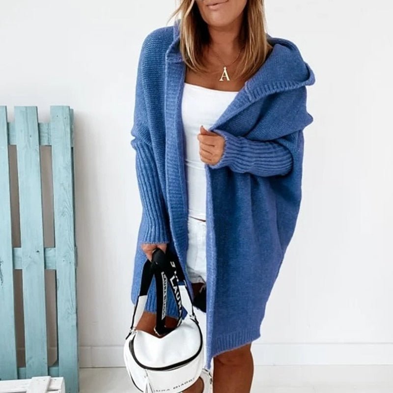 Dame Lang Oversized Cardigan med Hette og Flaggermusermer