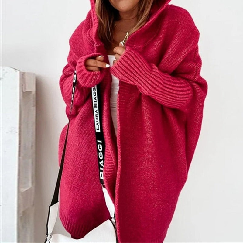Dame Lang Oversized Cardigan med Hette og Flaggermusermer