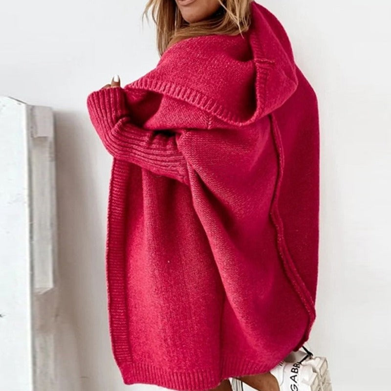 Dame Lang Oversized Cardigan med Hette og Flaggermusermer