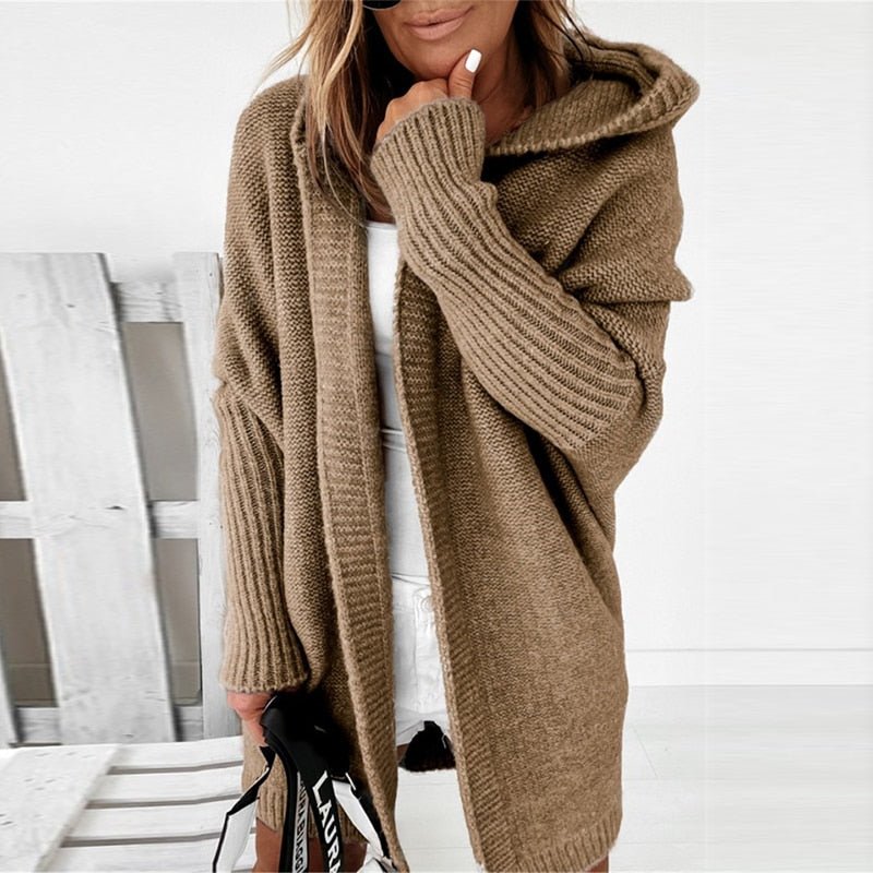Dame Lang Oversized Cardigan med Hette og Flaggermusermer