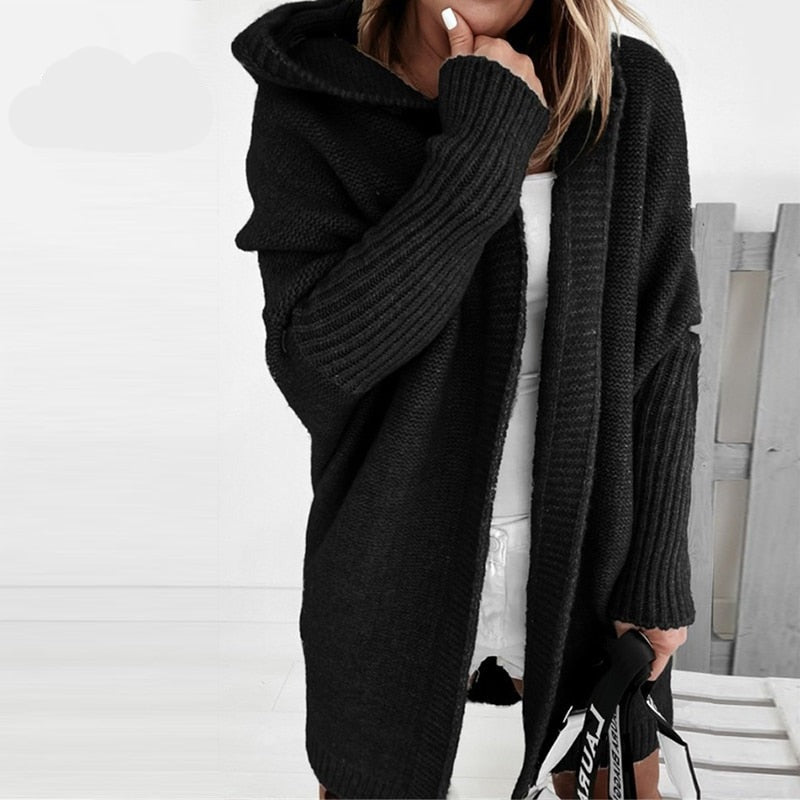 Dame Lang Oversized Cardigan med Hette og Flaggermusermer