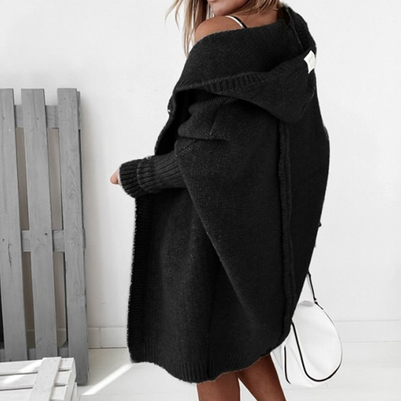 Dame Lang Oversized Cardigan med Hette og Flaggermusermer
