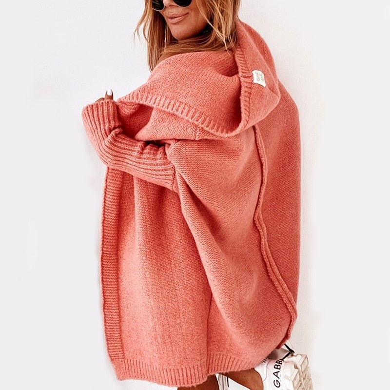 Dame Lang Oversized Cardigan med Hette og Flaggermusermer