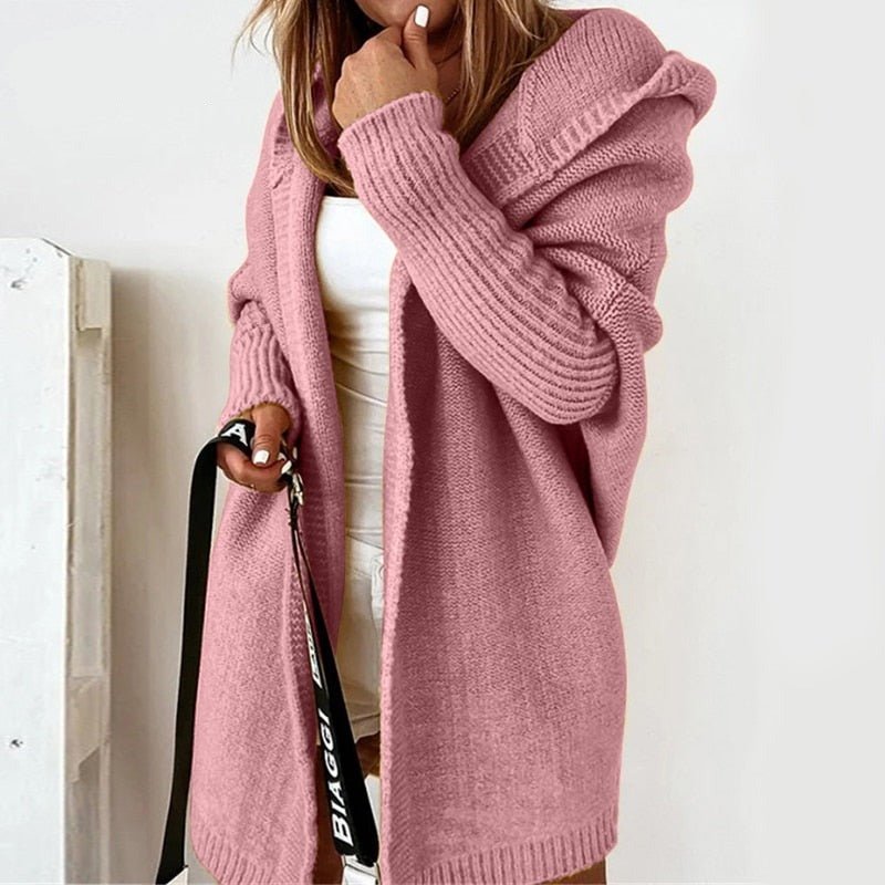 Dame Lang Oversized Cardigan med Hette og Flaggermusermer