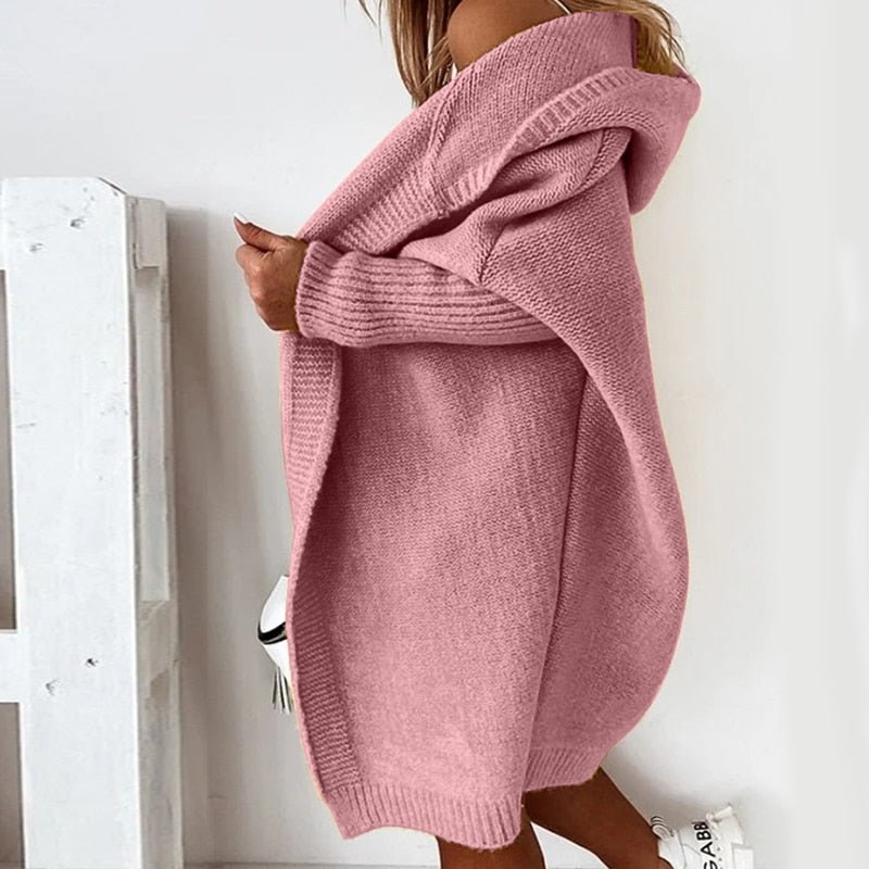 Dame Lang Oversized Cardigan med Hette og Flaggermusermer