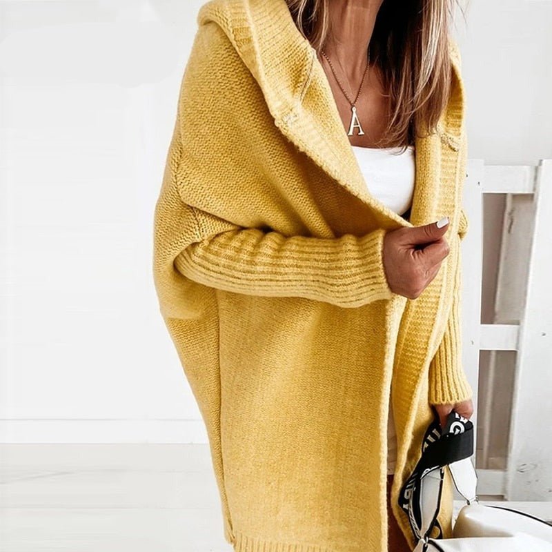 Dame Lang Oversized Cardigan med Hette og Flaggermusermer
