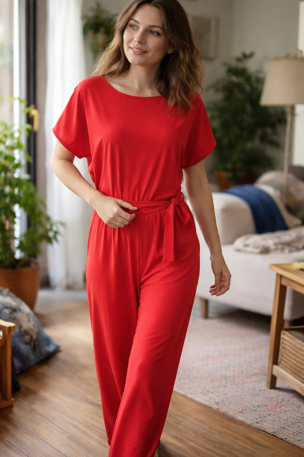 Dame Jumpsuit med Vide Ben, Korte Ermer og Knytebelte