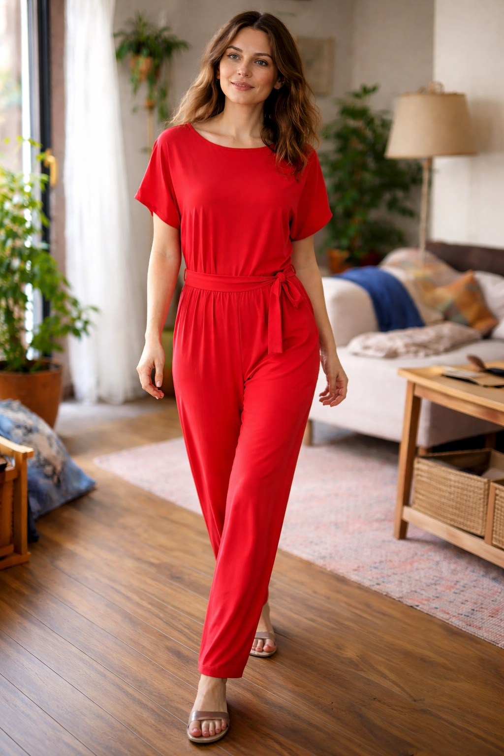 Dame Jumpsuit med Vide Ben, Korte Ermer og Knytebelte