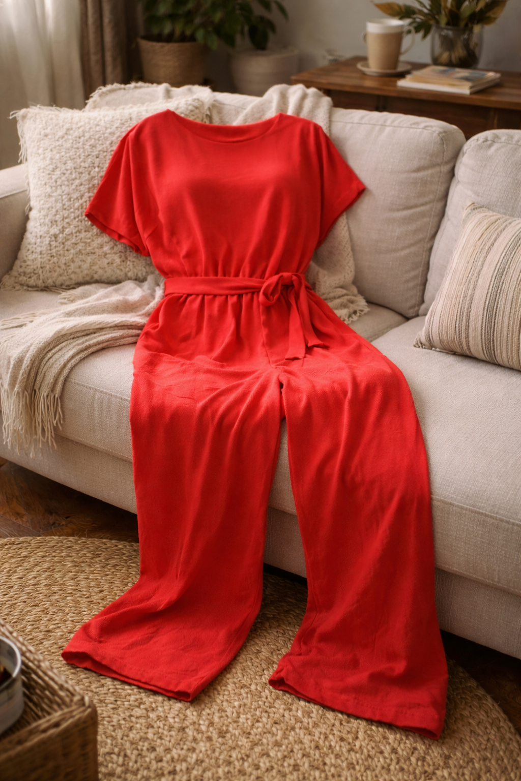 Dame Jumpsuit med Vide Ben, Korte Ermer og Knytebelte