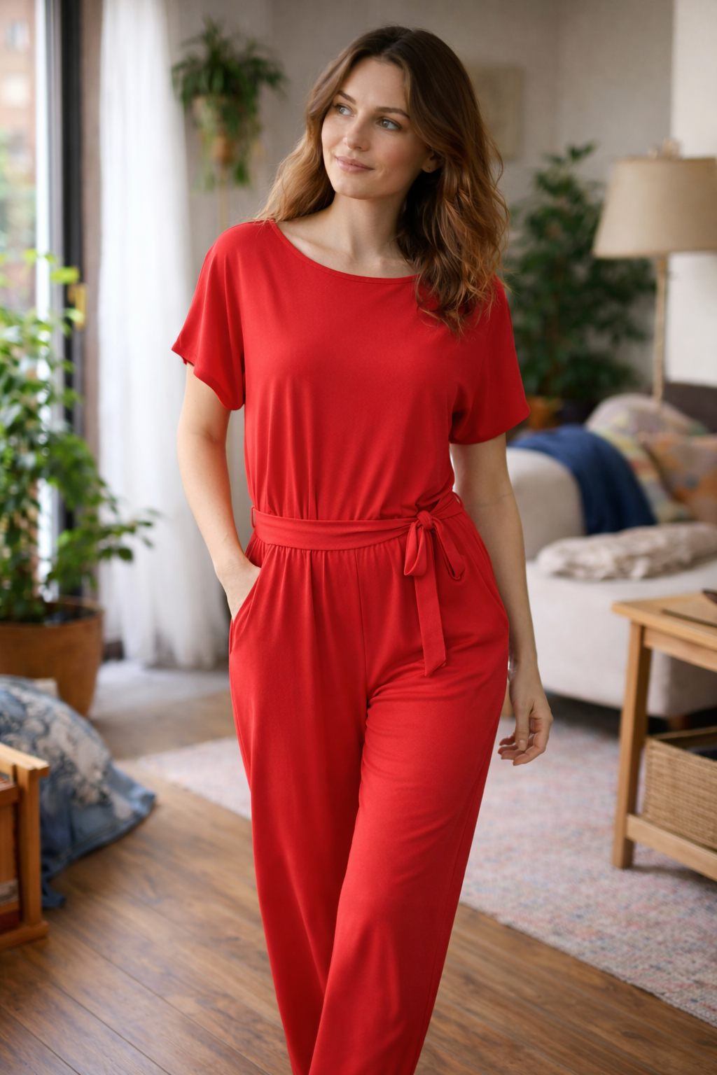 Dame Jumpsuit med Vide Ben, Korte Ermer og Knytebelte