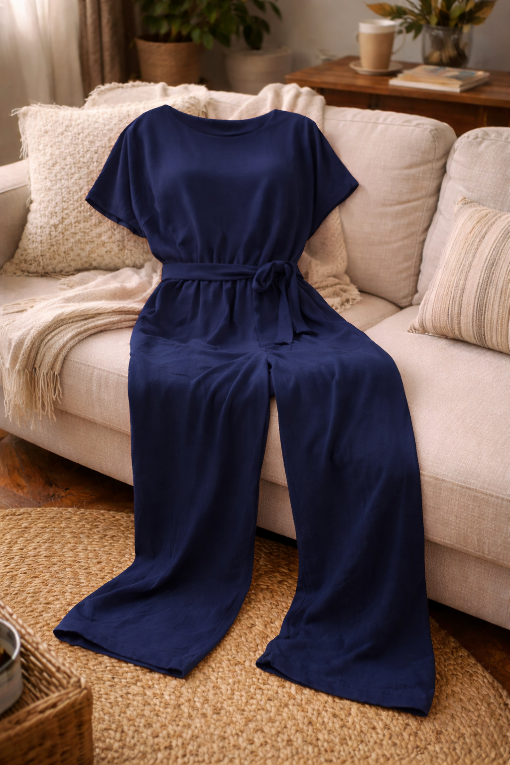 Dame Jumpsuit med Vide Ben, Korte Ermer og Knytebelte