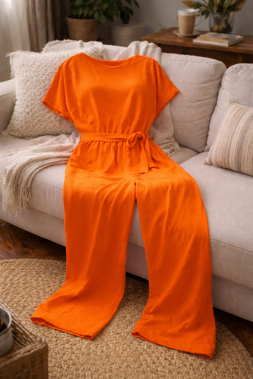 Dame Jumpsuit med Vide Ben, Korte Ermer og Knytebelte