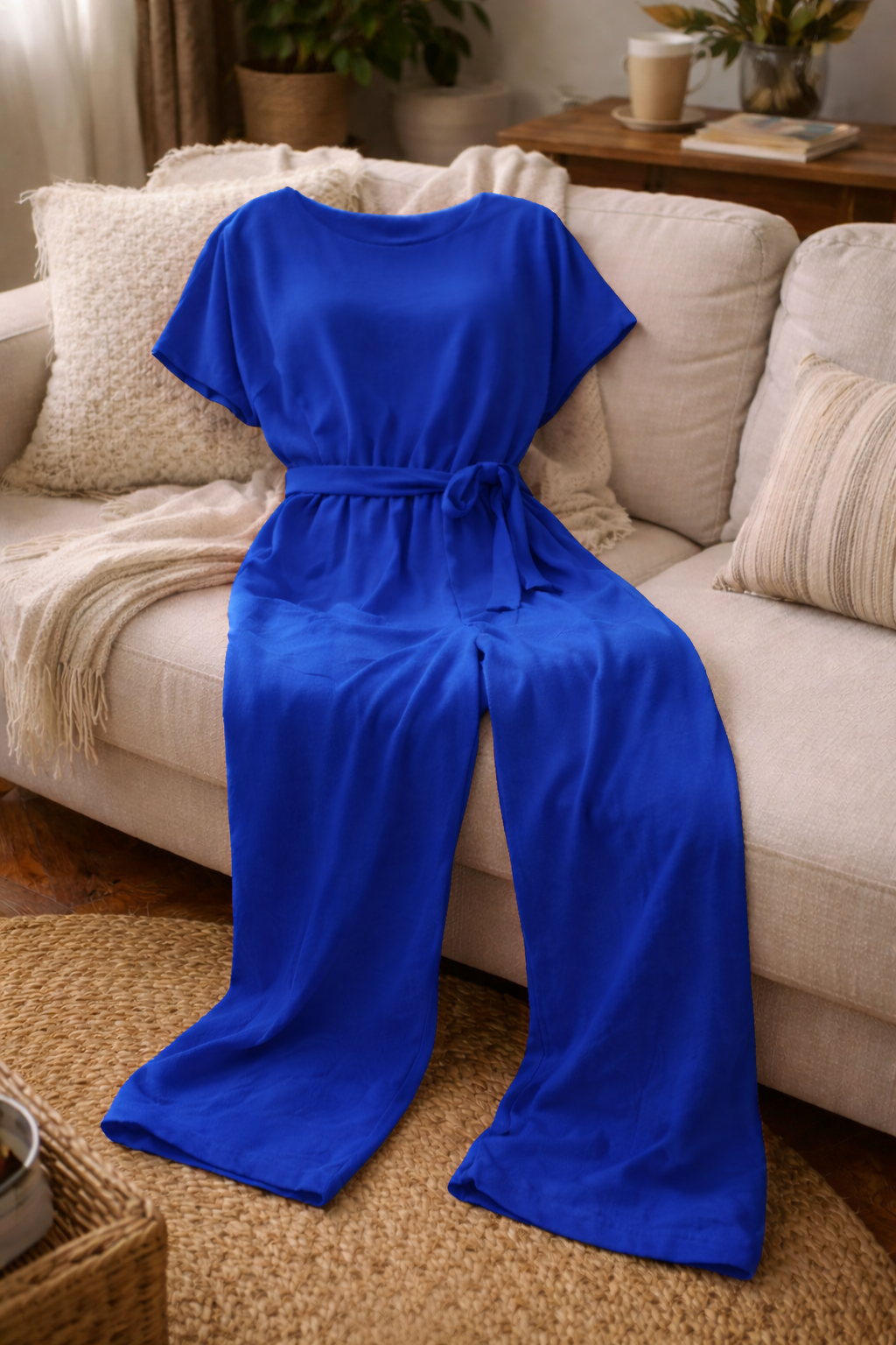 Dame Jumpsuit med Vide Ben, Korte Ermer og Knytebelte