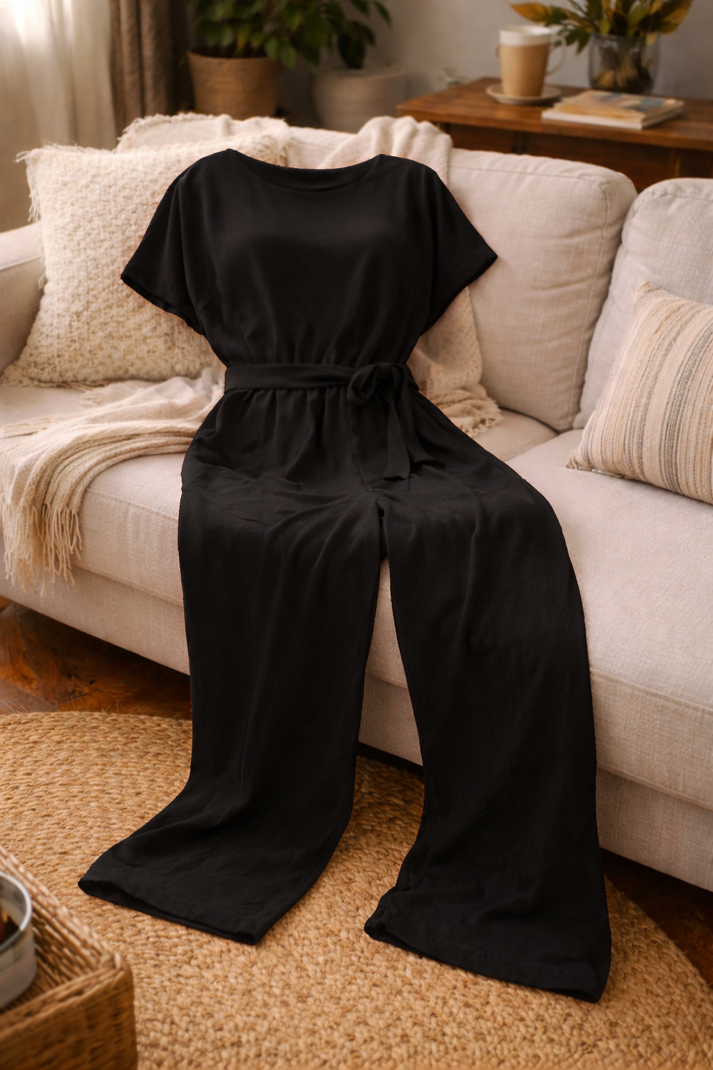 Dame Jumpsuit med Vide Ben, Korte Ermer og Knytebelte
