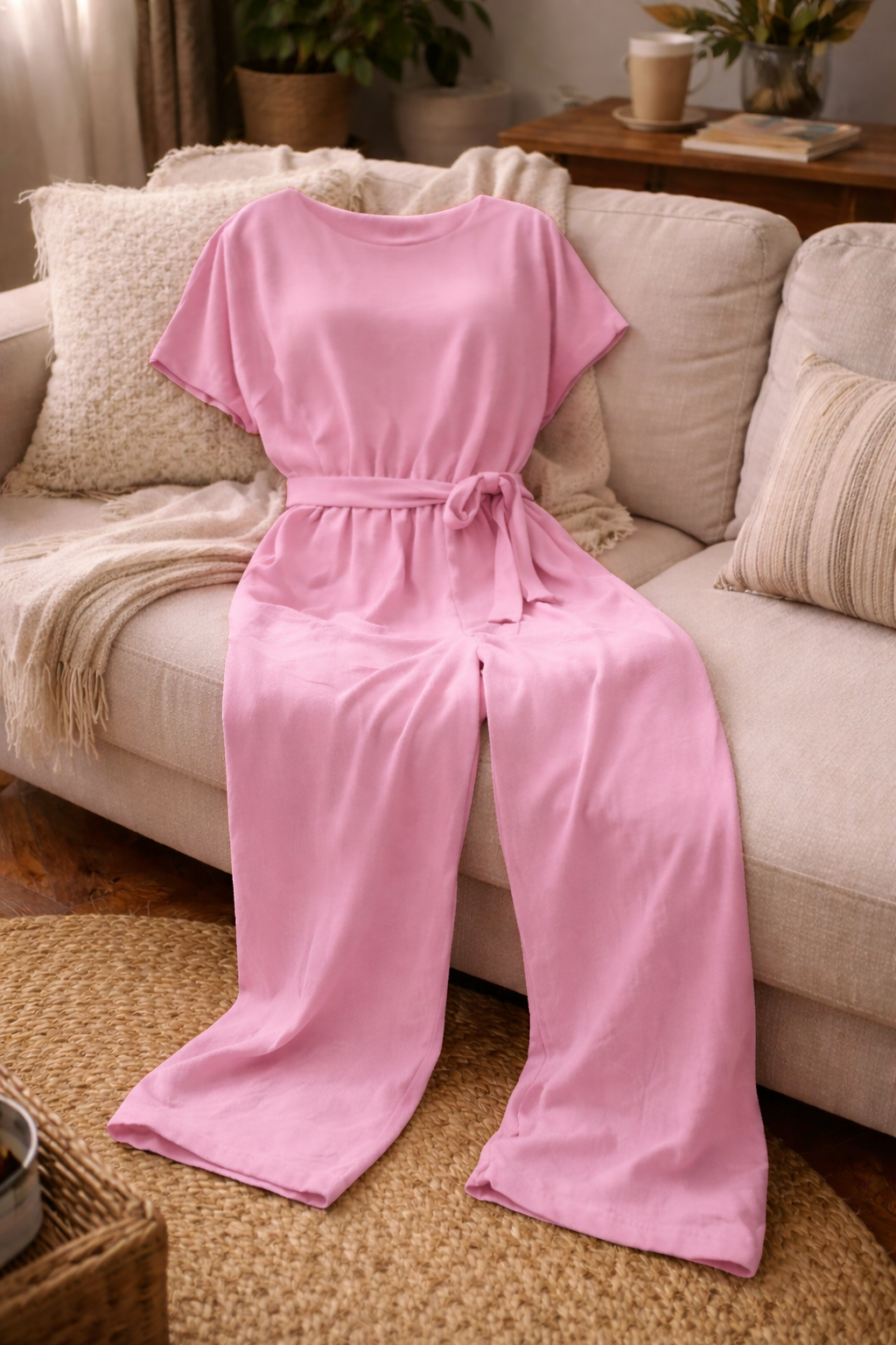 Dame Jumpsuit med Vide Ben, Korte Ermer og Knytebelte