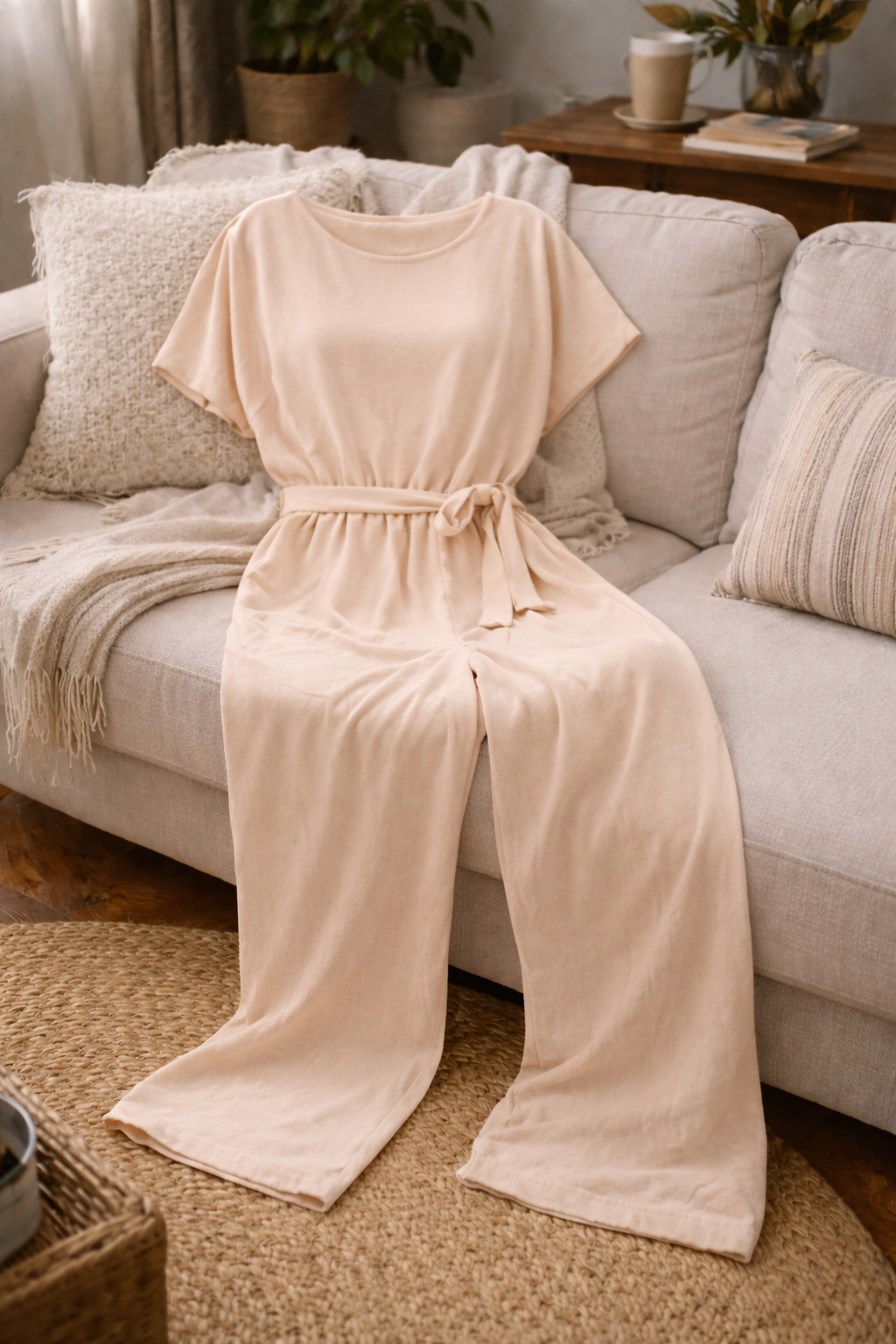 Dame Jumpsuit med Vide Ben, Korte Ermer og Knytebelte