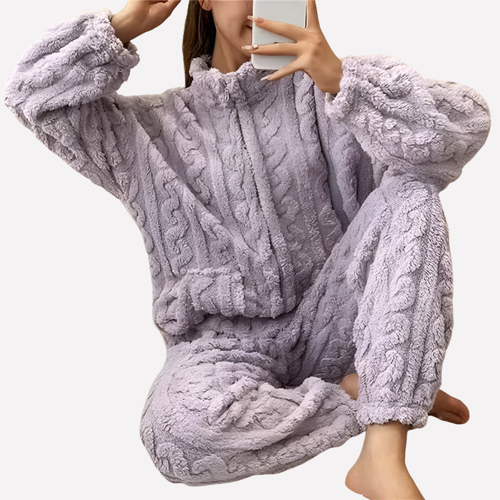 Dame Varm Fleece Pyjamasett med Glidelås og Lommer