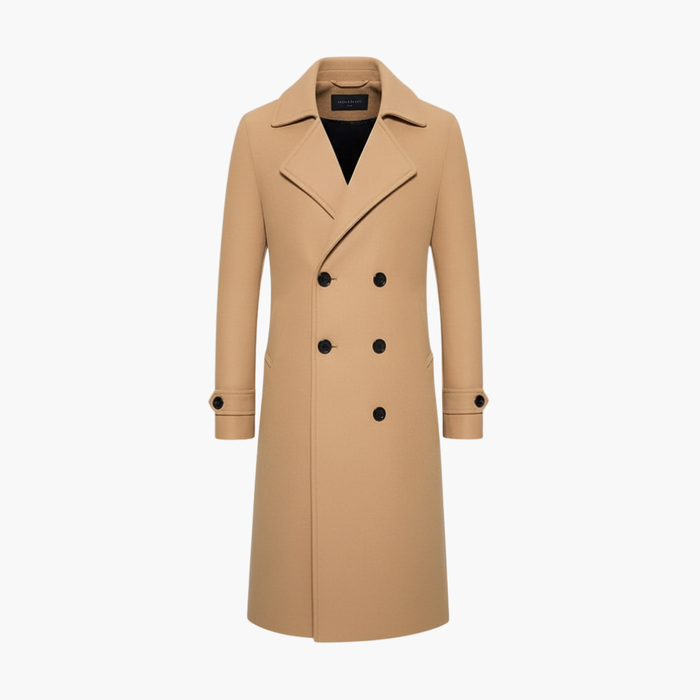 Herre Trench Coat med Dobbelt Rad Knapper og Strukturert Lang Passform