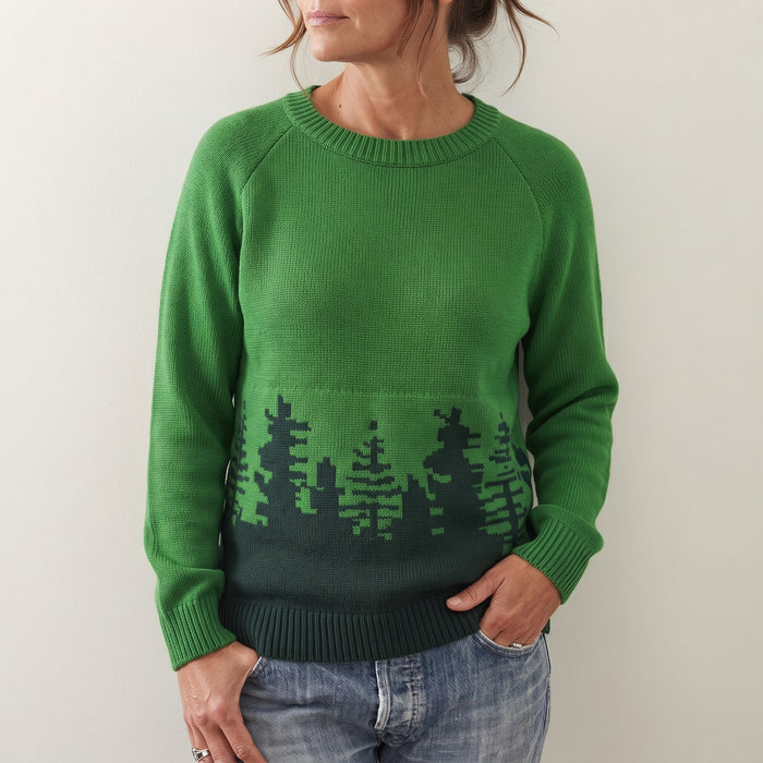Dame Oversized Genser med Granskogmønster og Rund Hals