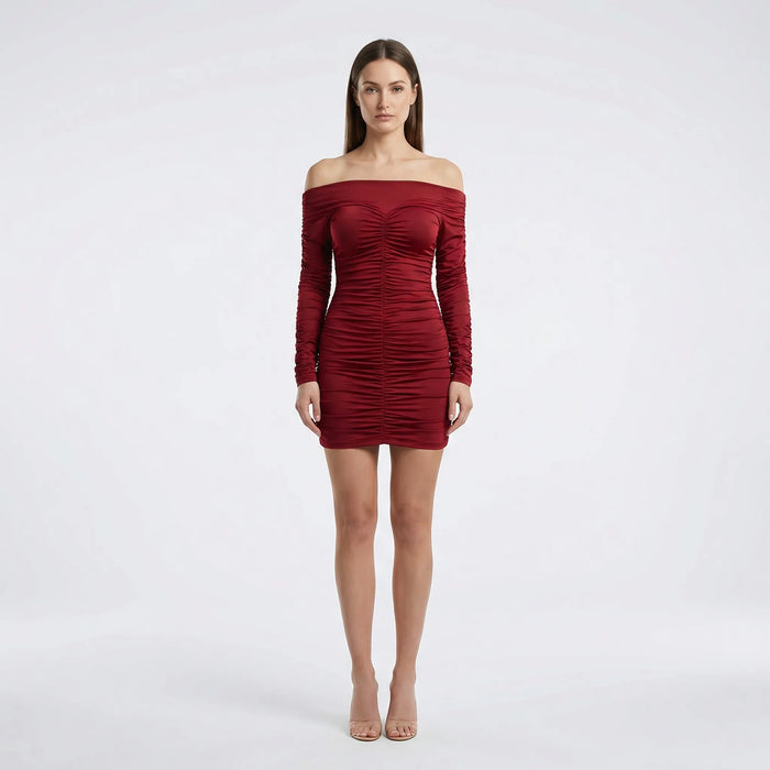 Dame Drapert Off-Shoulder Minikjole med Lange Ermer
