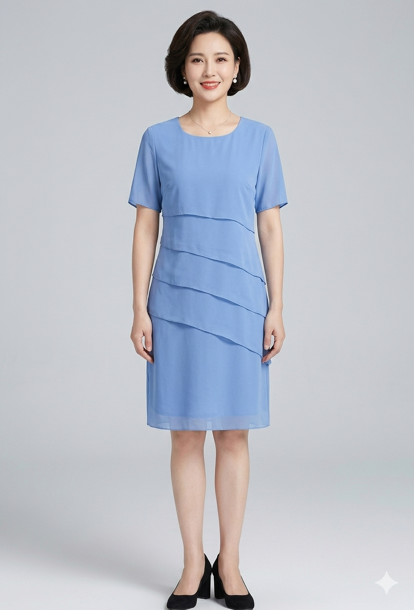 Dame Chiffonkjole med Rund Hals og Lagdelt Front