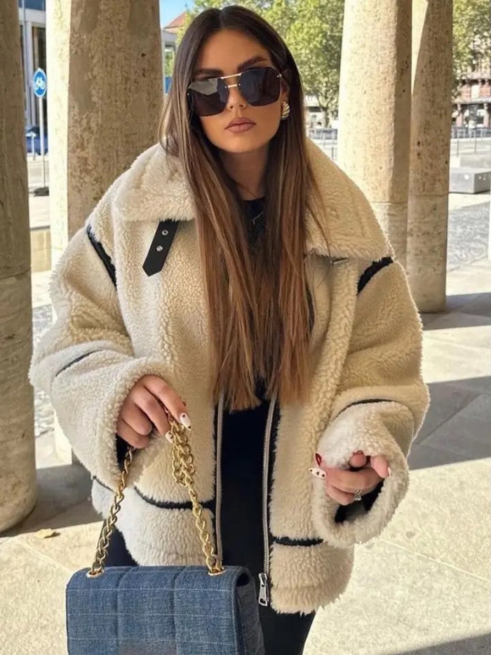 Dame Teddyjakke med Glidelås og Oversized Passform