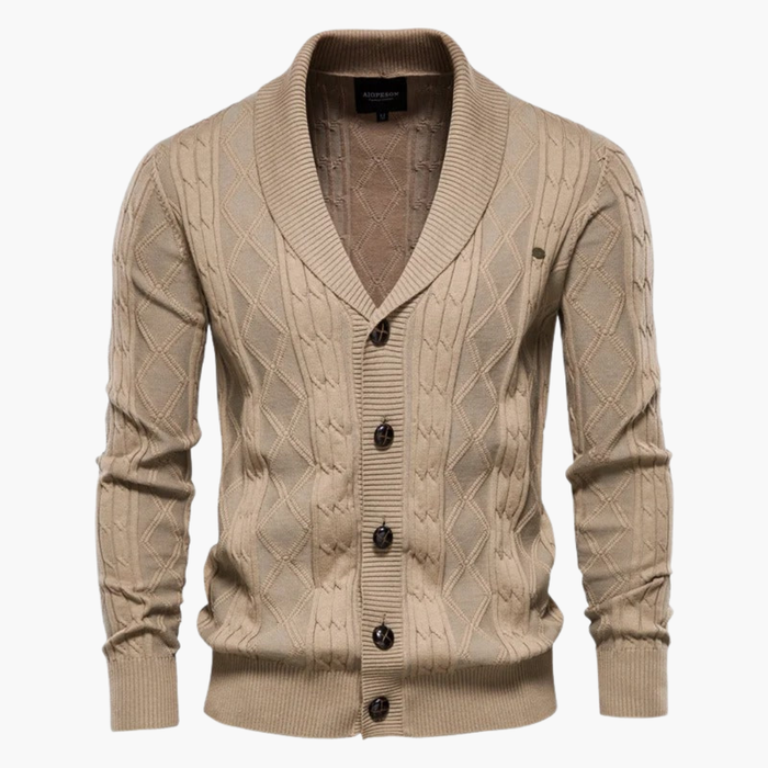 Herre Strikket Cardigan med Sjalkrage og Knapplukking