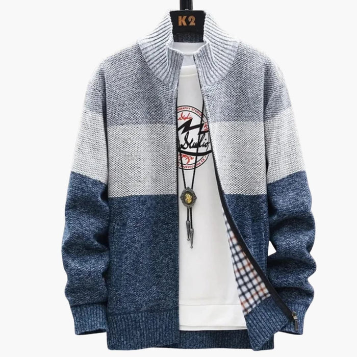 Herre Strikket Zip Cardigan med Høy Krage og Ribbet Kant