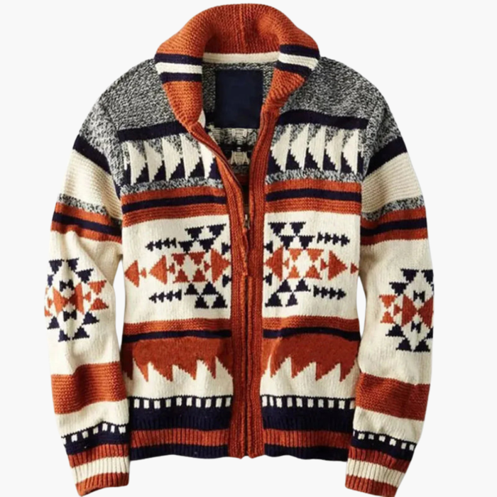 Herres Zip Cardigan med Jacquardmønster og Ståkrage