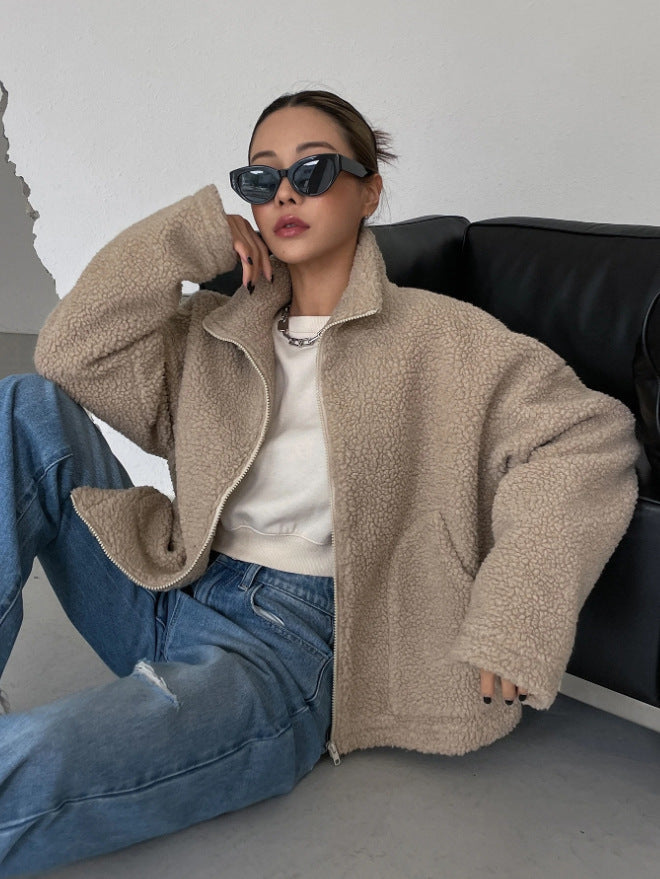 Dame Oversized Fleecejakke med Ståkrage og Glidelås