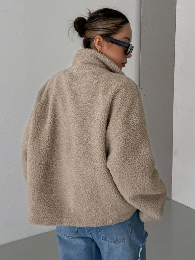 Dame Oversized Fleecejakke med Ståkrage og Glidelås
