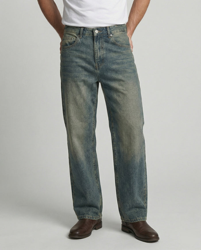 Herre Straight Leg Jeans med Washed Finish for Retro Stil