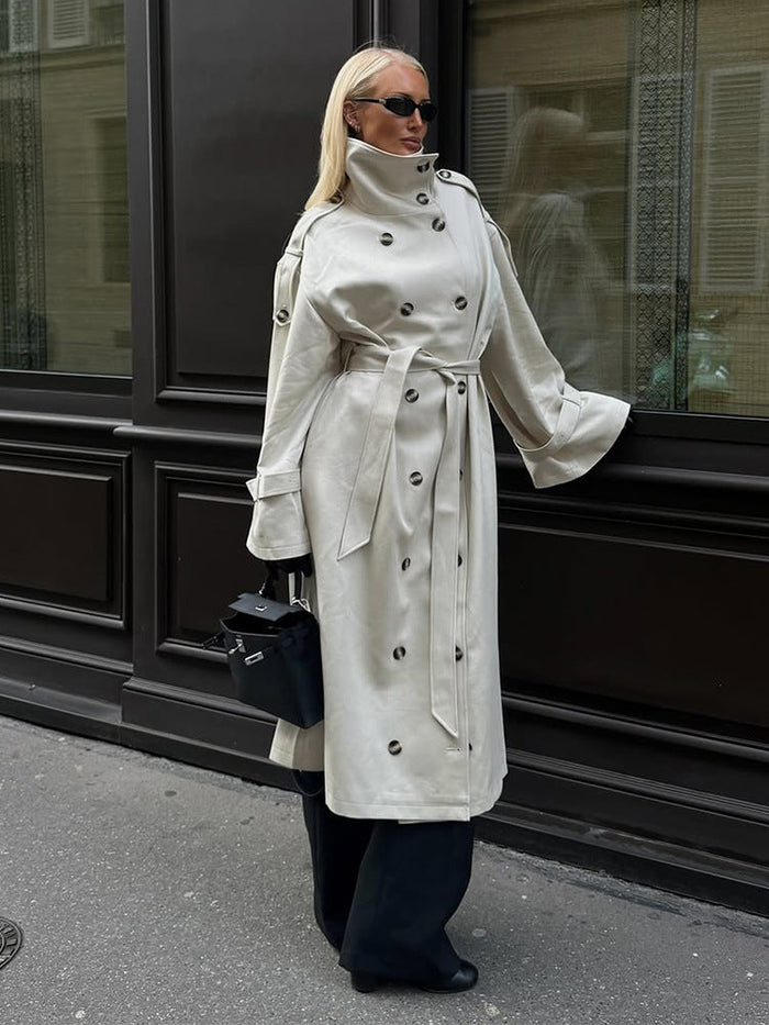 Dame Trenchcoat med Høy Krage og Beltet Midje