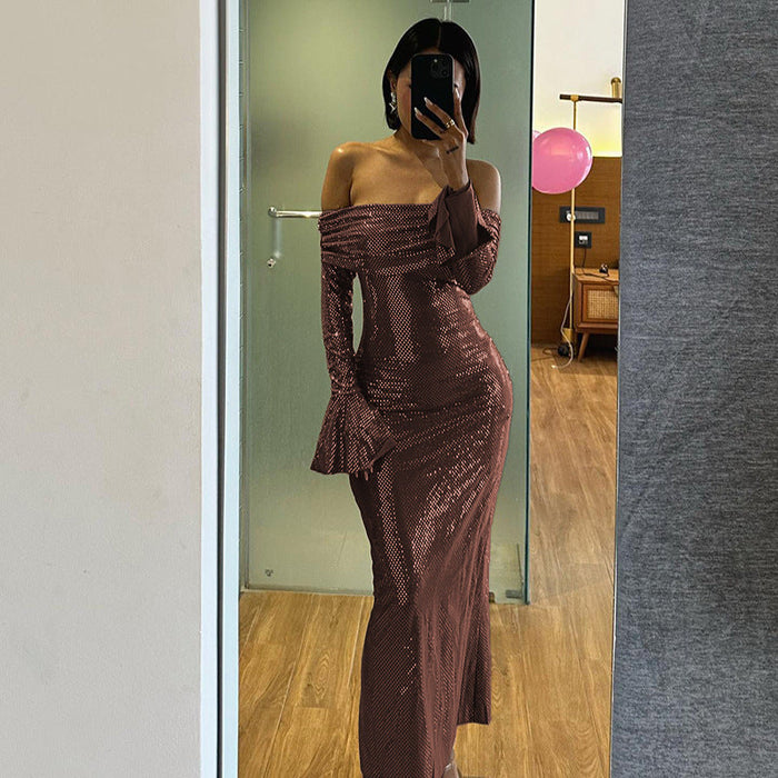 Dame Off-Shoulder Paljettklole med Lang Lengde