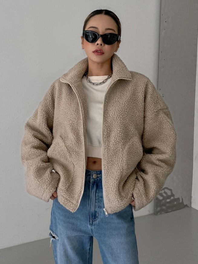 Dame Oversized Fleecejakke med Ståkrage og Glidelås