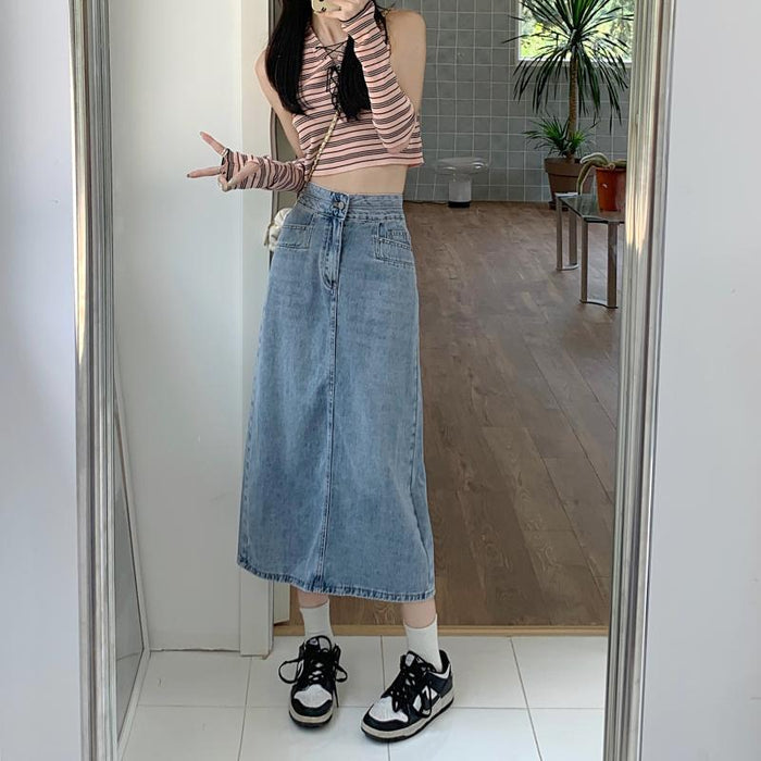 Dame Midi Denimskjørt med Sideslisser for Hverdagsbruk
