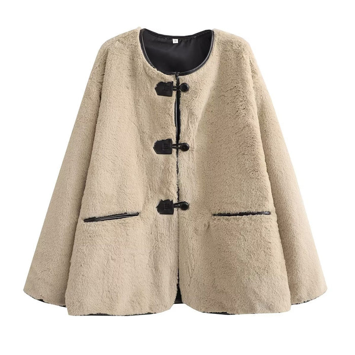Dame Teddy Oversized Jakke med Knappelukking