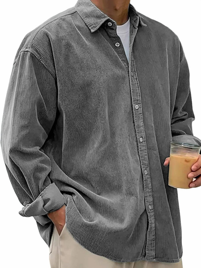 Herre Oversized Kordfløyelsskjorte med Klassisk Krage