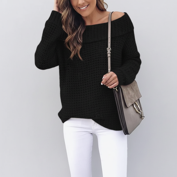 Dame Off-Shoulder Strikket Genser med Løs Passform