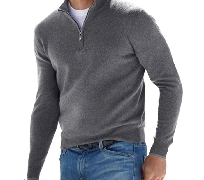 Herre Pullover med Glidelås Ribbet Krage og Slank Passform