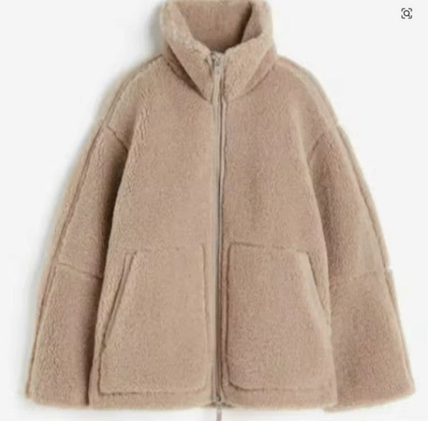 Dame Oversized Fleecejakke med Ståkrage og Glidelås