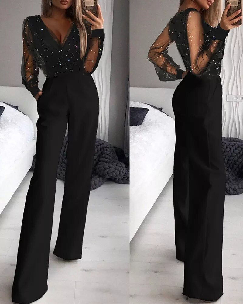 Dame Ensfarget Svart Jumpsuit med Regulær Passform