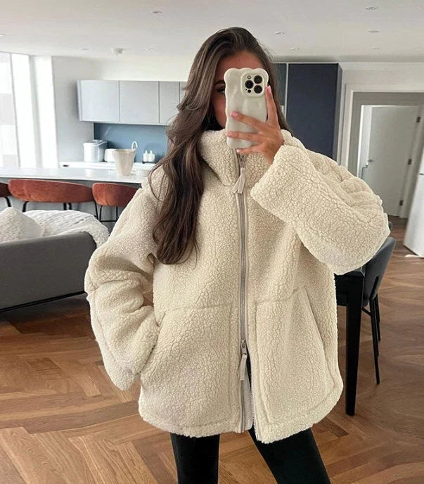 Dame Oversized Fleecejakke med Ståkrage og Glidelås
