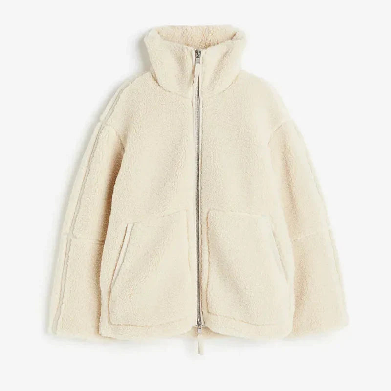 Dame Oversized Fleecejakke med Ståkrage og Glidelås